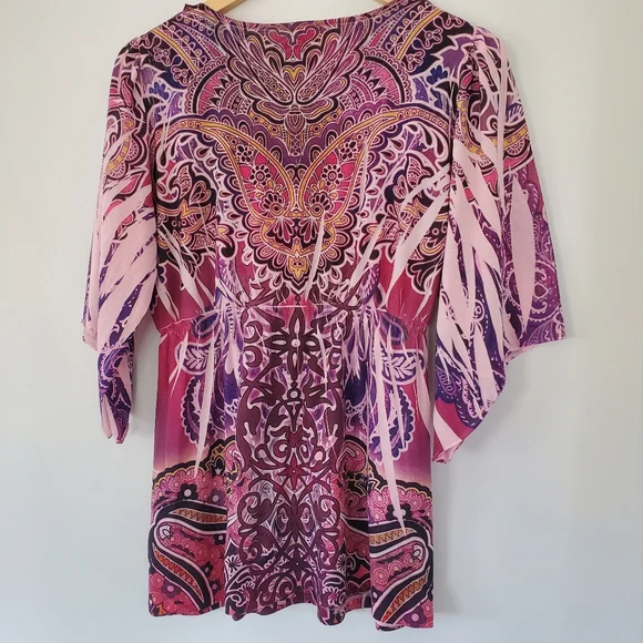 STARIALLE Sz S 3/4 Bell Sleeve Tunic Top Pink Purple V Neck Fairy Boho Hippie - Picture 11 of 14